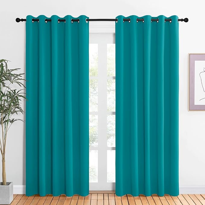 NICETOWN Blackout Draperies Curtains for Kids Room, Window Treatment Thermal Insulated Solid Grommet Blackout Drape Panels for Bedroom (Peacock Teal, Set of 2, 60 by 84 inches)