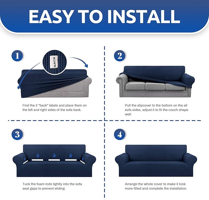 KEKUOU Stretch Oversized Sofa Slipcover 1 Piece Couch Sofa Cover (94"-110") Furniture Protector 4 Seater Sofa with Elastic Bottom for Kids,Pet.Jacquard Checked Pattern Fabric(X Large,Navy Blue)