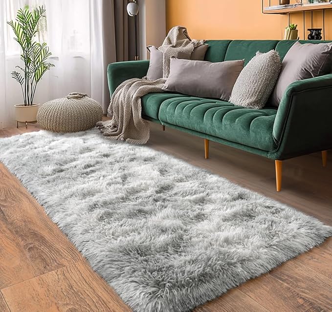 Pionblank Fluffy Runner Rugs for Bedroom 2x6, Modern Shaggy Area Rug for Hallway Living Room, Plush Soft Fuzzy Bedside Carpet for Kids Girls Boys Room Nursery Decor, Tie Dye Grey