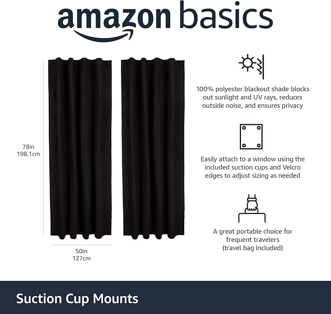 Amazon Basics Portable Energy Saving Noise Reducing Blackout Curtain Shade with Suction Cups, Fits Windows, 50"W x 78"L, Black, 2-Pack