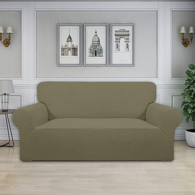 Easy-Going Stretch Oversized Loveseat Slipcover 1-Piece Sofa Cover Furniture Protector Couch Soft with Elastic Bottom for Kids Polyester Spandex Jacquard Fabric Small Checks Khaki