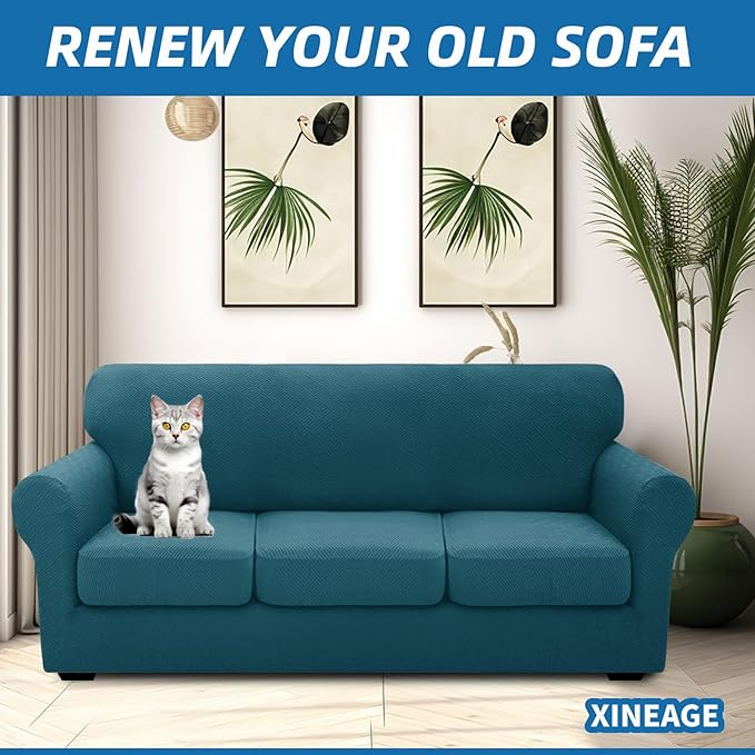 XINEAGE New 4 Pieces Couch Covers for 3 Cushion Couch Super Stretch Thick Soft Sofa Cover Anti Slip Sofa Slipcover Dogs Cats Furniture Protector (Peacock Blue, 71"-91")