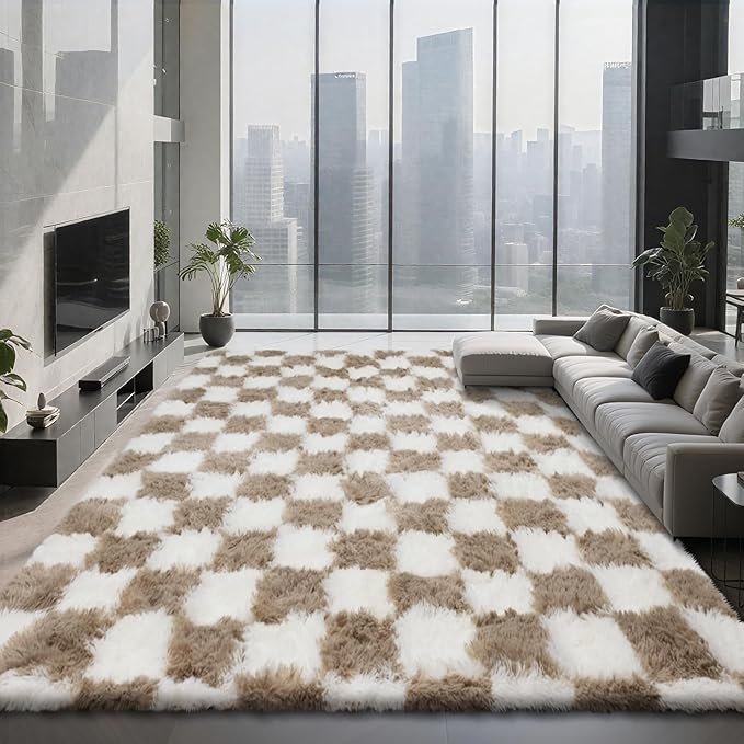 Checkered Area Rugs for Living Room 6x9, Fluffy Beige and White Checkered Rug Fuzzy Shag Shaggy Carpets for Bedroom, Soft Plush Furry Rug for Boy Girls Room Dorm Home Decor