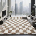 Checkered Area Rugs for Living Room 6x9, Fluffy Beige and White Checkered Rug Fuzzy Shag Shaggy Carpets for Bedroom, Soft Plush Furry Rug for Boy Girls Room Dorm Home Decor
