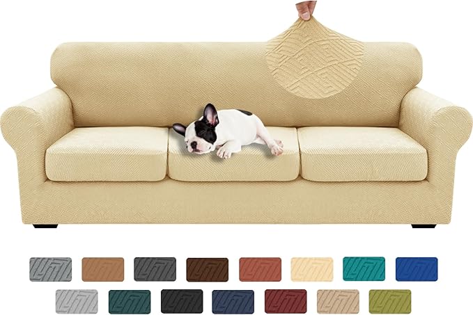 XINEAGE 2026 New 4 Pieces Extra Large Couch Covers for 3 Cushion Sofa Super Stretch Sofa Cover for 3 Large Seat Cushion Universal Fitted Slip Cover for Living Room (Beige), 91"-110"(3 Cushions)