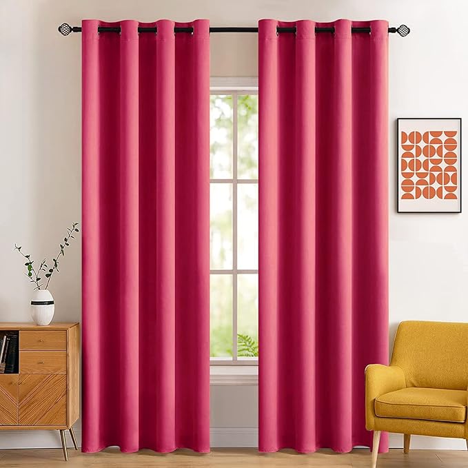MIULEE Blackout Room Darkening Curtains Thermal Insulated Black Out Drapes Solid Window Treatment Grommet Light Blocking Curtain for Living Room Bedroom 2 Panels Set 52 x 84 inch Length Hot Pink