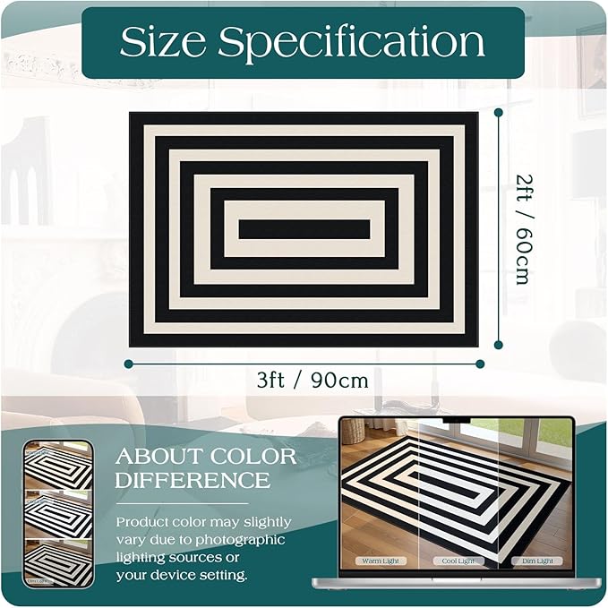 Front Door Mat Outside Entrance - 2x3 Modern Non-Slip Washable Doormat Indoor Outdoor Entrance Black White Geometric Striped Rug Small Throw Rugs for Entryway Bedroom Kitchen Front Porch Decor