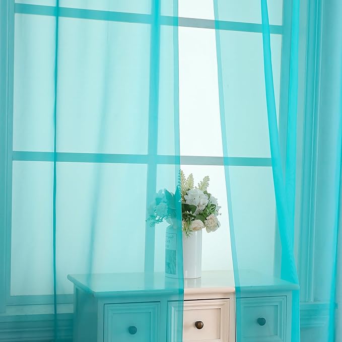 OVZME 2 Panels Sheer Curtains 108 Inches Long, Light Filtering Semi Transparent Lightweight Voile Rod Pocket Window Curtains for for Yard, Patio, Villa, Parlor, W42 x L108, Turquoise