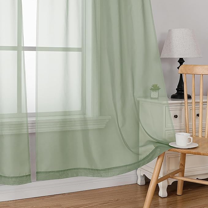 Simplebrand Sage Short Sheer Curtains 45 Inch Length for Small Windows, Rod Pocket 2 Panels Set Solid Voile Drapes Window Sheer Curtains for Bedroom Bathroom Kids Room Kitchen, 42x45 Inch, 2pcs, Sage