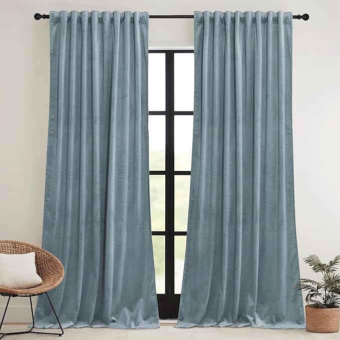 RYB HOME Stone Blue Velvet Curtains 84 inches with Hook Belt, Soft Fabric Room Darkening Thermal Insulated Luxurious Home Decor Curtains for Living Room Bedroom, W 42" x L 84", 2 Panels Set