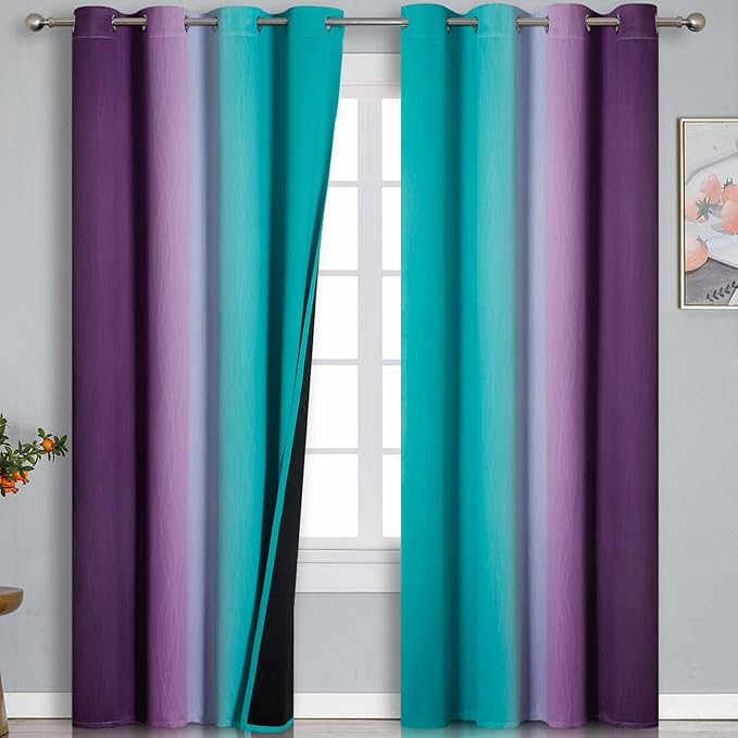 Estelar Textiler Ombre Purple Blackout Curtains 96 Inches Long, Teal Curtains for Living Room, Grommet Thermal Insulated Gradient Drapes, Full Light Blocking Curtains for Bedroom,52x96 Inch, 2 Panels