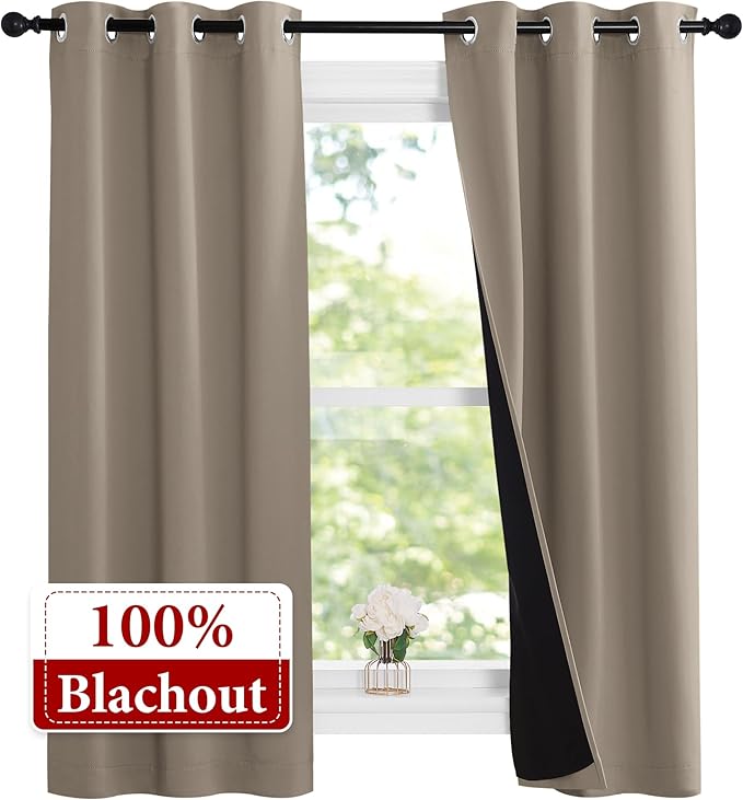 NICETOWN 100% Blackout Short Curtains with Black Liners, Solid Thermal Insulated Full Blackout 2-Layer Lined Drapes, Energy Efficiency Window Draperies for Bedroom (2 Panels, 37" W by 63" L, Taupe)