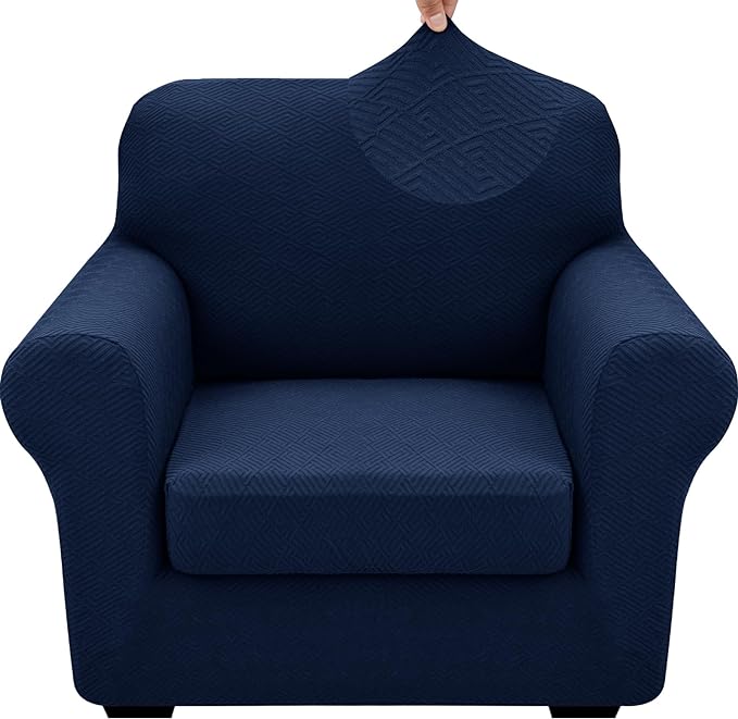 XINEAGE 2026 New 2 Pieces Chair Covers with Arms Super Stretch Chair Slipcover for Living Room Pet Dog Universal Slip Cover Anti Slip Armchair Furniture Protector (Navy Blue), 31"-46"(1 Cushion)