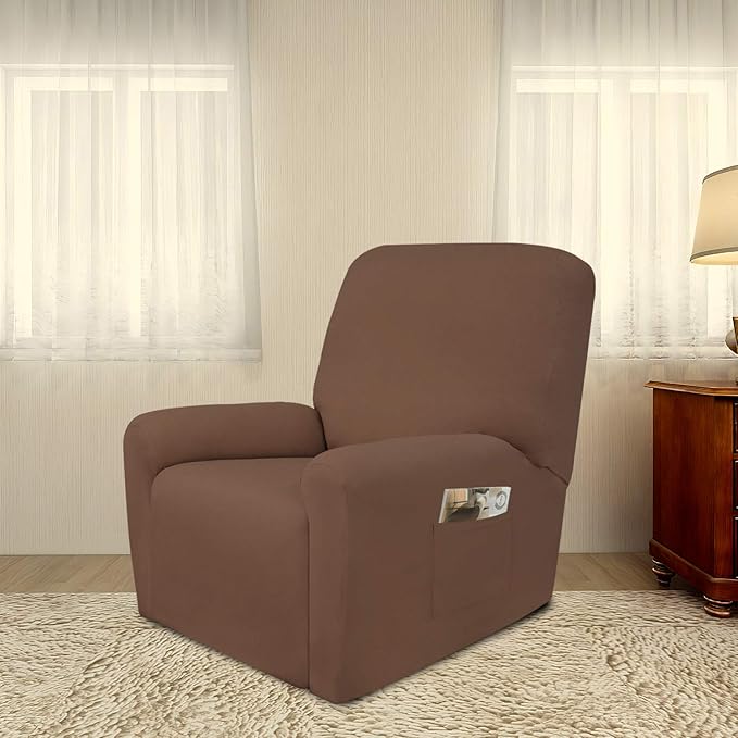 PureFit Super Stretch Recliner Sofa Slipcover with Pocket – Spandex Non Slip Soft Couch Sofa Cover, Washable Furniture Protector with Elastic Bottom for Kids, Pets （Recliner, Brown）