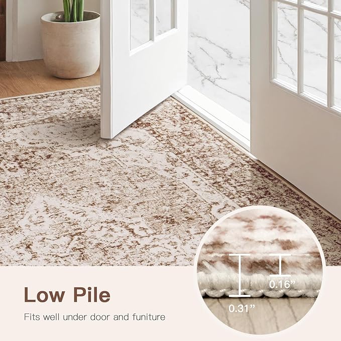 Lofus 3x5 Area Rugs for Living Room, Machine Washable Area Rug, Soft Small Rugs for Bedroom, Kitchen, Office and Indoor, Vintage Boho Carpet, Non-Slip Low Pile Carpets, Vintage Beige Brown