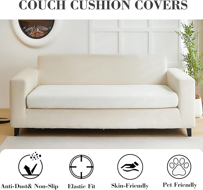 Couch Covers for 2 Cushion Sofa Pet Friendly Couch Cushion Covers Universal Sofa Covers Washable Stretch Slipcovers for Sectional Sofa (Texture Ivory White,Large Double Seat Cover)