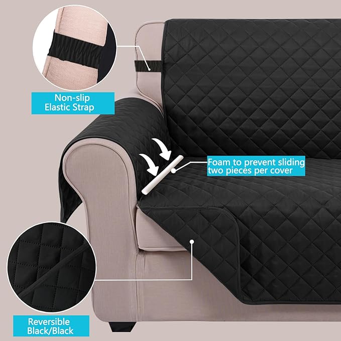 U-NICE HOME Recliner Chair Covers Reversible Chair Cover Pet Covers for Dogs with Elastic Straps Water Resistant Diamond Quilted (28''Recliner Oversized, Black/Black)
