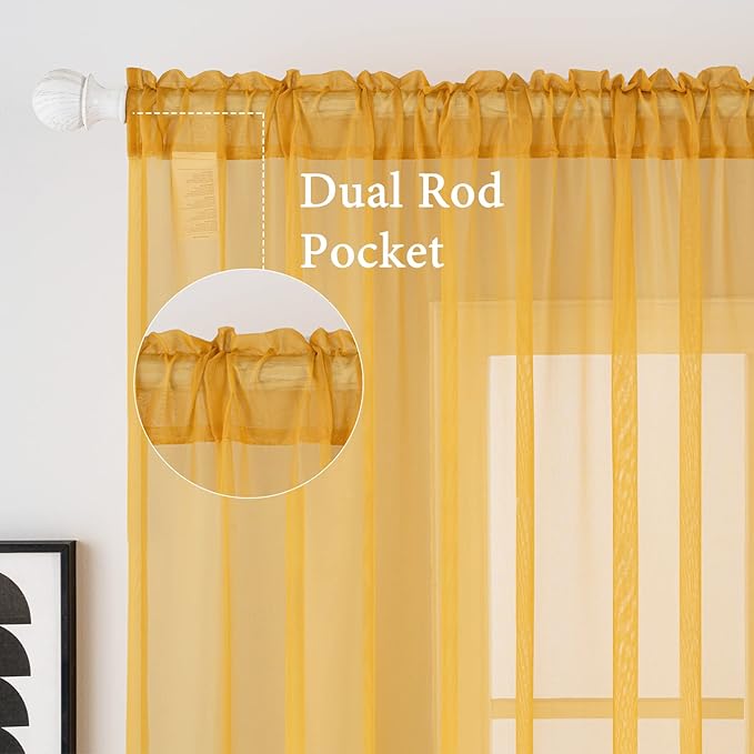 MIULEE 2 Panels Solid Color Sheer Window Curtains Elegant Window Voile Fall Panels/Drapes/Treatment for Bedroom Living Room (54X96 Inches Gold)