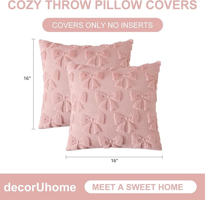 decorUhome Pink Bow Pillow Covers Set of 2 Coquette Aesthetic Cute Preppy Plush Faux Pillowcases for Girly Bedroom or Couch 16x16 Inch