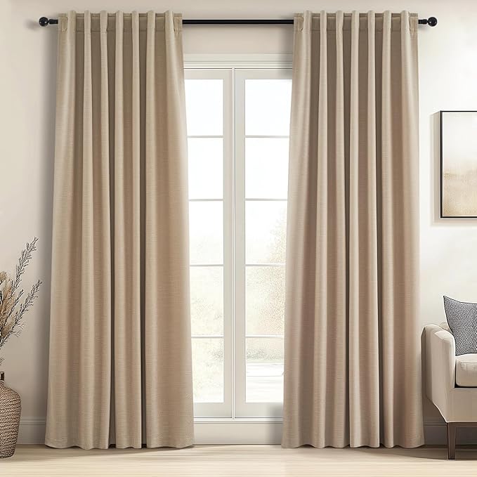 Topfinel Blackout Linen Blend Curtains 96 Inches Long 2 Panels,Black Out Drapes for Bedroom Living Room, Back Tab and Rod Pocket,Pinch Pleat Style with Hooks,Tan Light Taupe 52" Wide and 96" Length