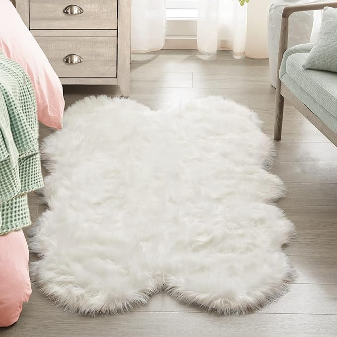 ORINOVA White Fluffy Washable Shag Area Rugs for Bedroom Faux Sheepskin Fur Rug 4x6 Furry Nursery Rug Teen Room Home Décor