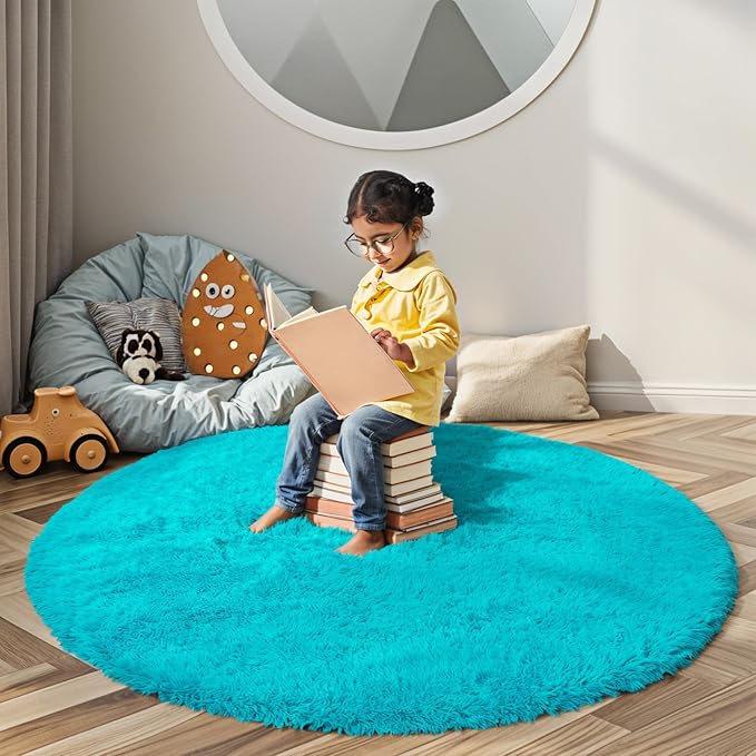 Super Soft Circle Rugs for Girls Princess Castle Toddlers Play Tent 3 Diameter Circular Area Rugs for Kids Bedroom Baby Room Decor Round Shag Playhouse Carpets(Φ3, Teal Blue)