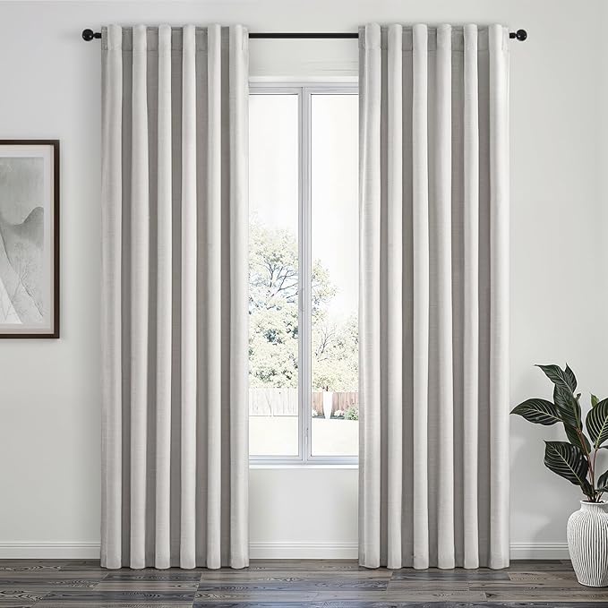 Topfinel 100% Blackout Curtains 90 Inches Long for Living Room 2 Panels Set Thick Linen Texture Energy Saving Curtain Window Coverings Hook Belt Pleated Drapes Aesthetic Bedroom(W40 xL90,Grey Beige)