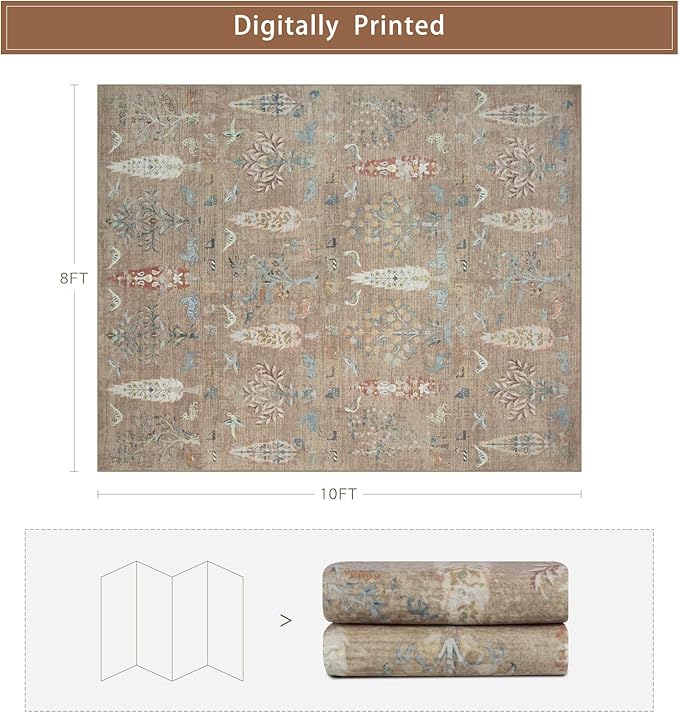 Washable Rugs 8x10 Area Rugs for Living Room,Bedroom,Dining Room-Large Ultra Soft Faux Wool Retro Carpet,Non Slip&Non-Shedding Low Pile Vintage Print Rug for Home Office Dorm Playroom-Terracotta