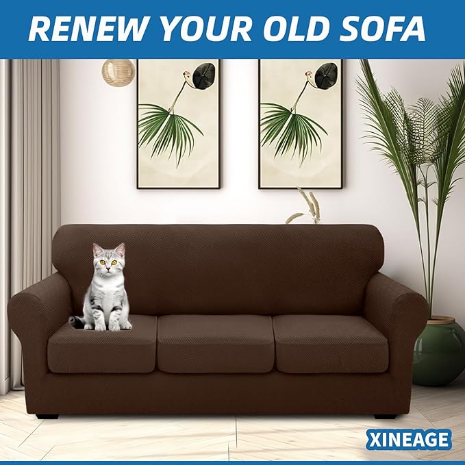 XINEAGE 2026 New 4 Pieces Couch Covers for 3 Cushion Couch Super Stretch Thick Soft Sofa Cover Anti Slip Sofa Slipcover Dogs Cats Furniture Protector (Coffee, 71"-91")