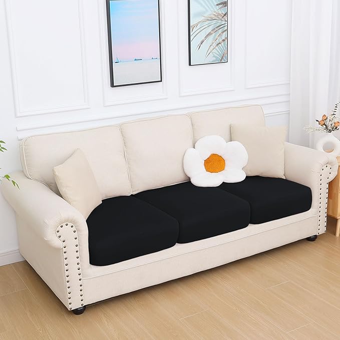 hyha Milk Silk Couch Cushion Covers, Soft Magic Sofa Covers Washable for 3 Cushion Couch, Stretch Sectional Outdoor Cushion Covers for Patio Furniture with Elastic Bottom(3 Packs, Black)