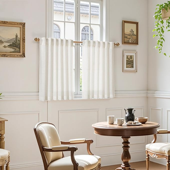 Nanspring 30 Inch Long Cream Curtains for Kitchen Linen Blend Semi Sheer Back Tab and Rod Pocket Light Filtering for Bathroom Small Window Curtain 25 x 30 Inch,2 Panels