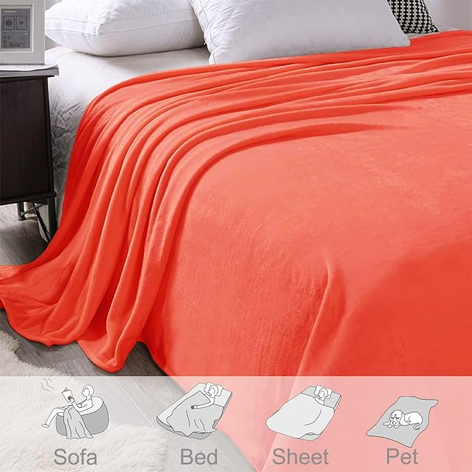 Exclusivo Mezcla Fleece Blanket Twin Size for Bed, Super Soft and Warm, All Season, Cozy, Plush, Lightweight, 90x66 Inches, Coral Orange