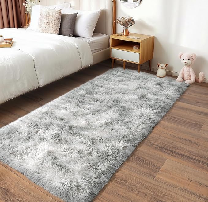 Pionblank Fluffy Runner Rugs for Bedroom 2x6, Modern Shaggy Area Rug for Hallway Living Room, Plush Soft Fuzzy Bedside Carpet for Kids Girls Boys Room Nursery Decor, Tie Dye Grey