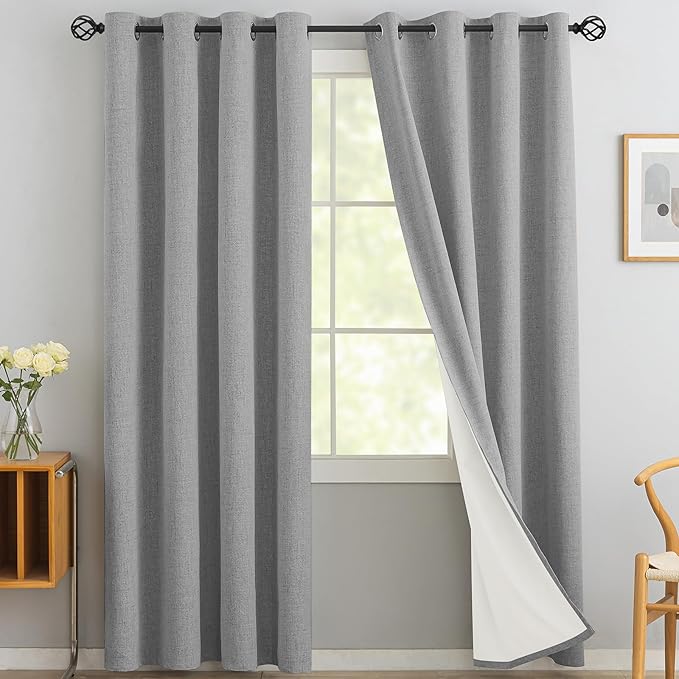 Yakamok Dove Grey Linen Curtains 100% Blackout 90 Inches Long,Room Darkening Textured Curtains for Living Room Thermal Grommet Bedroom Curtain 2 Panels with Greyish White Liner