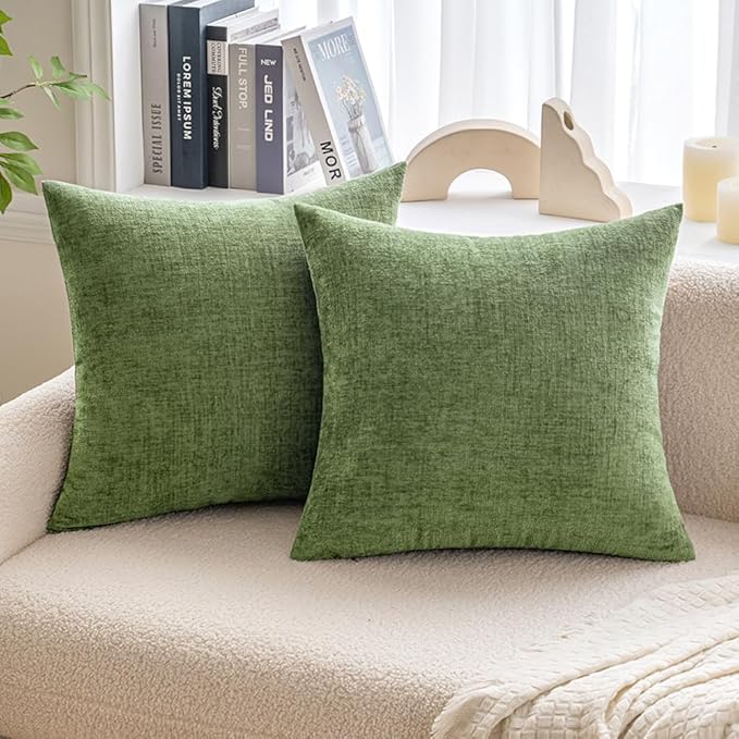 MIULEE Pack of 2 Couch Throw Pillow Covers 24x24 Inch Spring Soft Sage Green Chenille Pillow Covers for Sofa Living Room Solid Dyed Pillow Cases