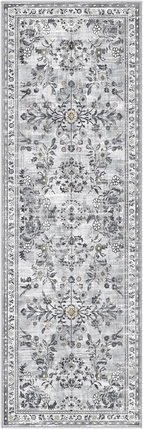 Yamaziot Washable Runner Rug 2x6 – Non Slip Boho Floral Hallway Runner Rug with Rubber Backing, Low Pile Faux Wool Distressed Carpet for Kitchen, Laundry, Bedroom, Entrance, Gray
