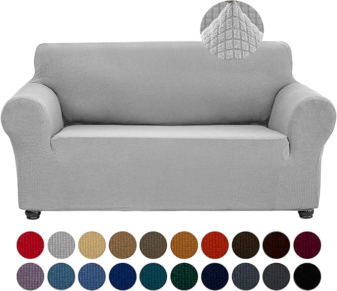 Joccun Stretch Loveseat Couch Cover Slipcover, 1-Piece Sofa Cover for 2 Cushion Couch Spandex Jacquard Washable Furniture Protector Cover for Living Room,Kids,Pets（Loveseat,Silver）