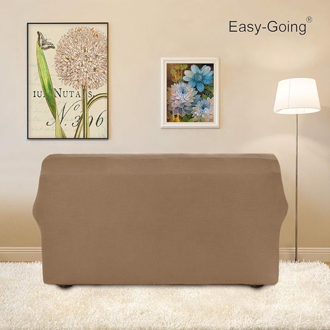 Easy-Going Stretch Loveseat Slipcover 1-Piece Sofa Cover Furniture Protector Couch Soft with Elastic Bottom for Kids Polyester Spandex Jacquard Fabric Small Checks (Loveseat, Camel)