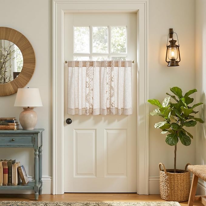 jinchan Belrose Linen Floral Kitchen Curtains 24 inch Length Embroidered Farmhouse Cafe Curtains for Living Room Bathroom Small Windows Curtain Set Sheer Light Filtering 2 Panels Beige