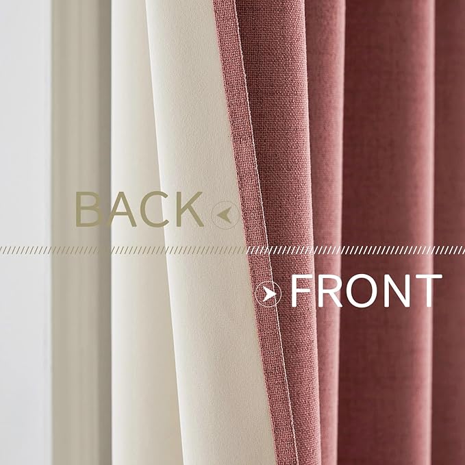 MIULEE 100% Blackout Linen Textured Curtains for Bedroom Solid Thermal Insulated Dusty Rose Grommet Room Darkening Curtains & Drapes Luxury Decor for Living Room Nursery 52 x 90 Inch (2 Panels)