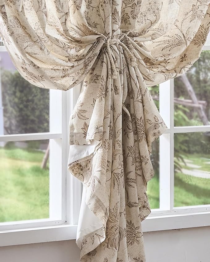 jinchan Lined Linen Floral Curtains for Living Room, 63 Inch Length Printed Flower Farmhouse Patterned French Country Back Tab Taupe Window Drapes Set Privacy Bedroom Curtains, 2 Panels