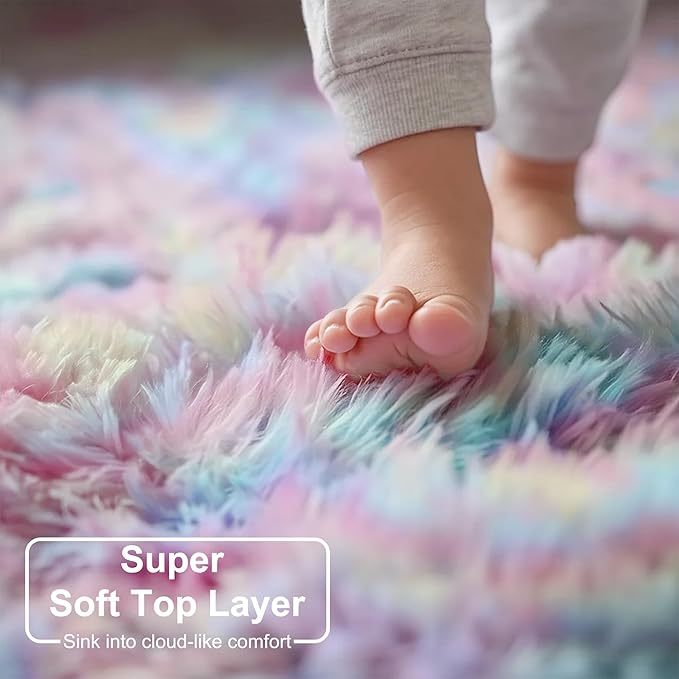 Amdrebio Rainbow Fluffy Round Rug 4Ft Kids Rugs for Girls Bedroom, Unicorn Room Decor, Colorful Pastel Shag Carpet for Preppy Dorm, Soft Cute Fuzzy Kawaii Circle Area Rugs for Baby Nursery, Playroom