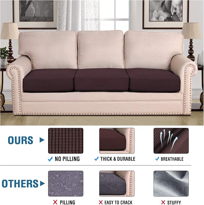 H.VERSAILTEX Super Stretch Couch Cushion Covers Sofa Cushion Slipcovers Jacquard Fabric Individual Seat Couch Slipcover Sets for Pets with Elastic Bottom(3 Packs Cushion Sofa Covers, Chocolate)