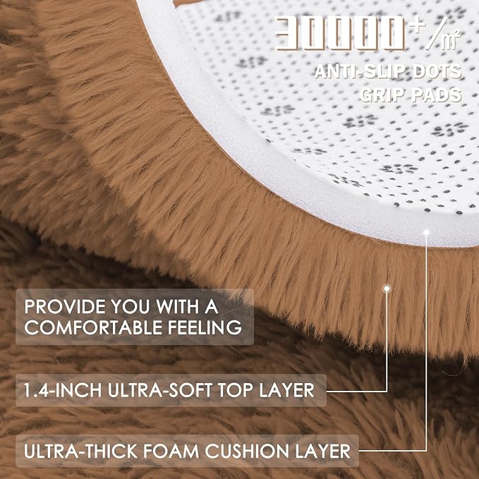 OLANLY Khaki Round Rugs for Bedroom - Machine Washable, 8 ft Circle Area Rugs for Living Room, Soft and Fluffy Shaggy Carpet for Teen Girl and Boys, Nursery Rooms, Dorms, Home Decor Aesthetic
