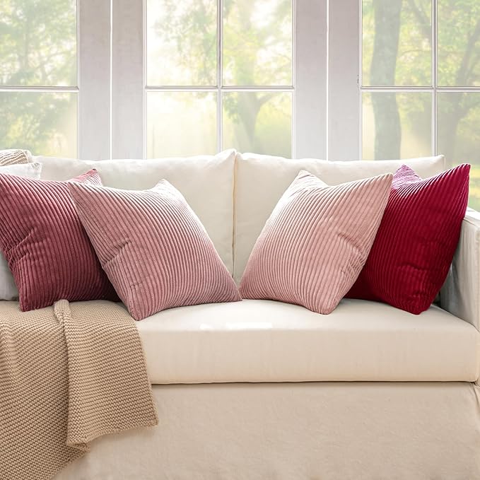 MIULEE Boho Farmhouse Throw Pillow Covers 18x18 Inch Set of 4 Romantic Decorative Cushion Covers Spring Corduroy Home Decor for Feminine Valentines Couch Bed Sofa Living Room Aesthetic Pink