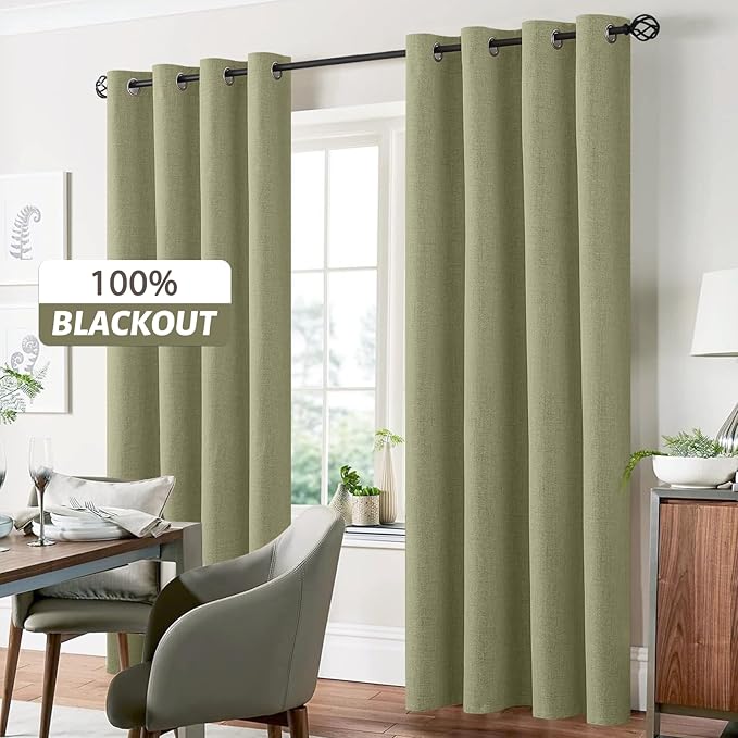 Yakamok Sage Green Linen Curtains 100% Blackout 90 Inches Long,Room Darkening Textured Curtains for Living Room Thermal Grommet Bedroom 2 Panels with Greyish White Liner