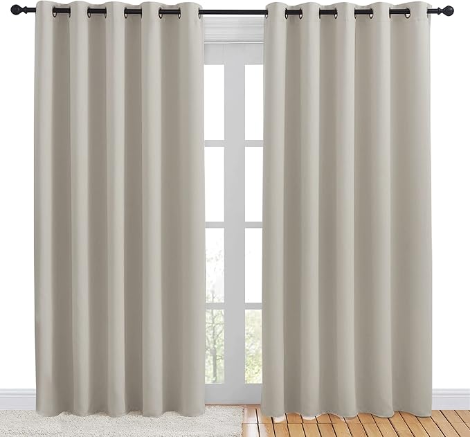 NICETOWN Blackout Draperies Curtains for Kids Room, Window Treatment Thermal Insulated Solid Grommet Blackout Drape Panels for Bedroom (Natural, Set of 2, 70 by 84 inches)