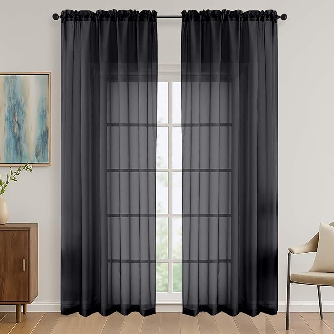 OVZME Black Bedroom Curtains 2 Panel Sets 90 Inch Length, 59 Inch Extra Wide Light Filtering Light Weight Soft Window Treatment Panels for Study Room Living Room Guest Room, 59Wx90L Inches
