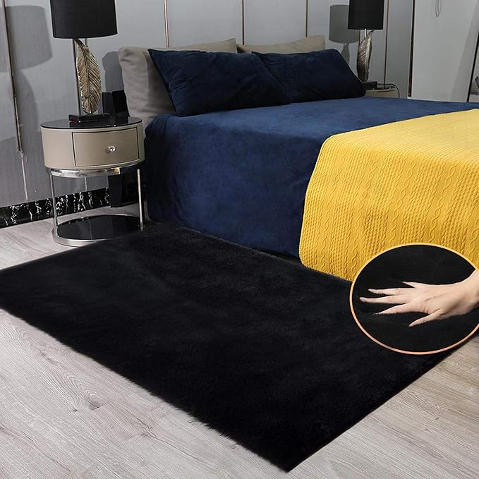 ORINOVA Fuzzy Rabbit Fur Rug Fluffy Rugs Washable Area Rugs for Living Room Black Furry Rug for Bedroom Rugs 3x5 Cute Room Girl Room Home Decor Rectangle