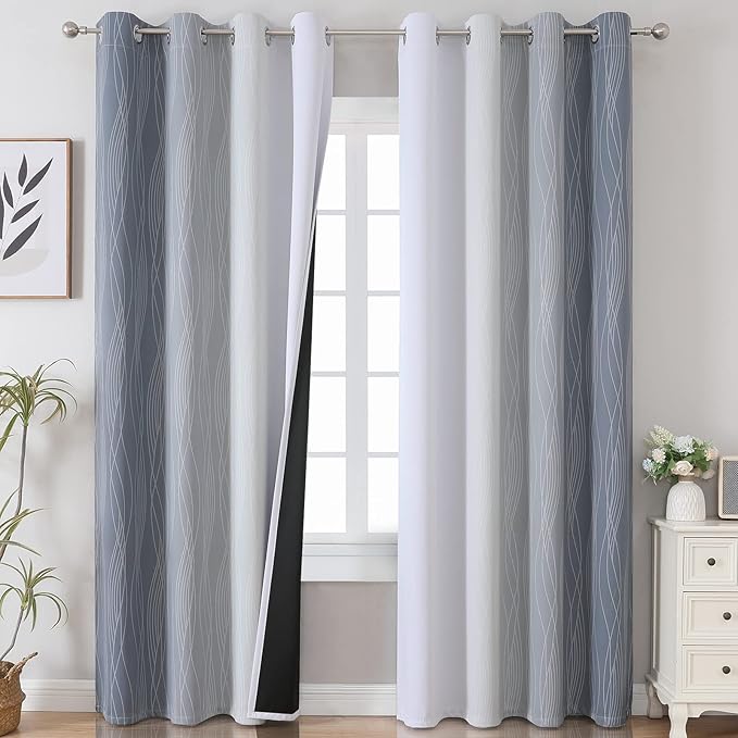 Estelar Textiler Grey and Greyish White Gradient Blackout Curtains 102 Inches Long for Bedroom, Thermal Insulated Full Room Darkening Ombre Gray Grommet Drapes for Living Room, 52Wx102L, 2 Panels